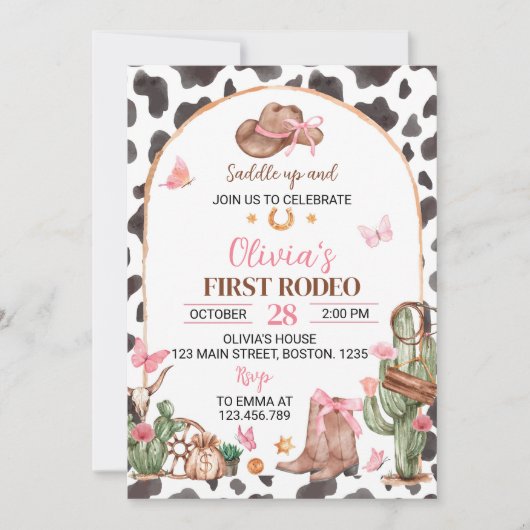 ファーストロデオボーズピンク女性のカーボーイ誕生日 招待状 (正面)