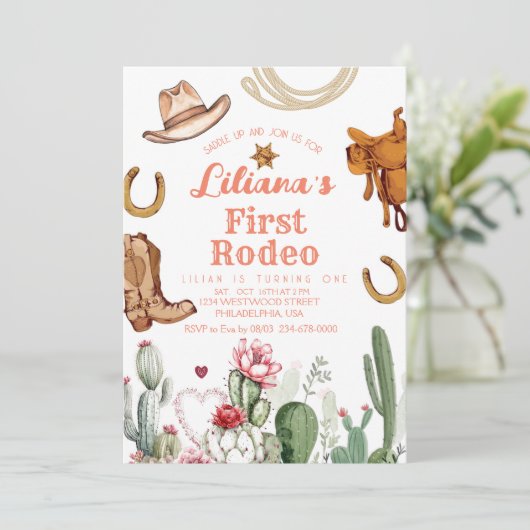 ファーストロデオワイルドウエストカウボーイピンク誕生日 招待状 (スタンド正面)