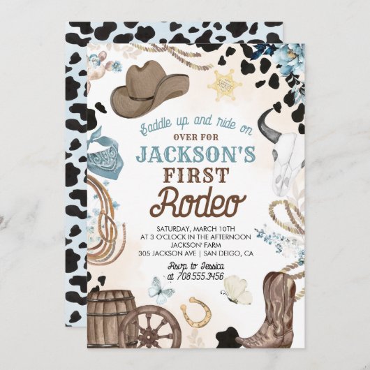 ファーストロデオワイルドウエストカウボーイブルーボーイ誕生日 招待状 (正面/裏面)