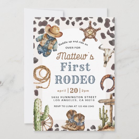 ファーストロデオワイルドウエストカウボーイ誕生日 招待状 (正面)