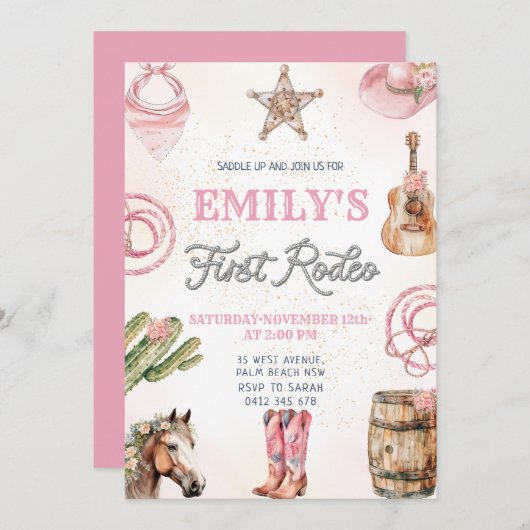 ファーストロデオワイルドウエストガール1st誕生日パーティー 招待状 (正面/裏面)