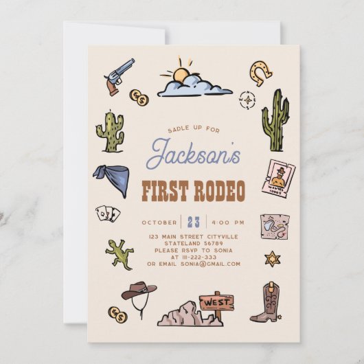 ファーストロデオワイルドウエストハンドドロッド子供の誕生日 招待状 (正面)