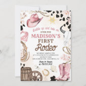 ファーストロデオワイルドウエスト女性のカーボーイピンクガール誕生日 招待状 (正面)