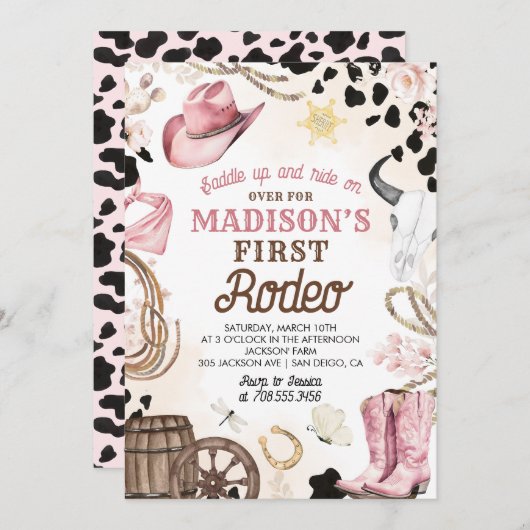 ファーストロデオワイルドウエスト女性のカーボーイピンクガール誕生日 招待状 (正面/裏面)