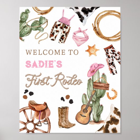 ファーストロデオワイルドウエスト女性のカーボーイ誕生日ウェルカム ポスター (正面)