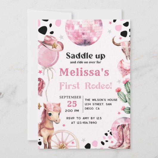 ファーストロデオワイルドウエスト女性のカーボーイ誕生日招待状 招待状 (正面)