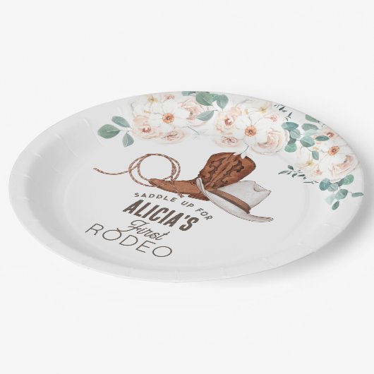ファーストロデオ女性のカーボーイウェスタンフローラ1st誕生日 ペーパープレート (アングル)