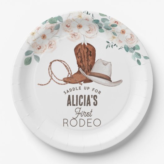 ファーストロデオ女性のカーボーイウェスタンフローラ1st誕生日 ペーパープレート (正面)
