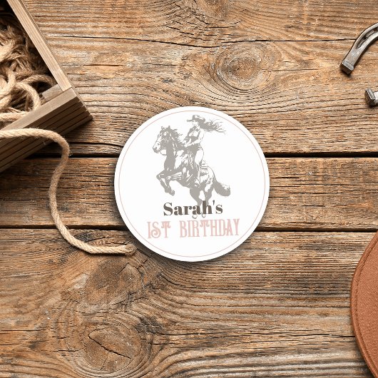 ファーストロデオ女性のカーボーイウエスタンピンク1st誕生日 ラウンドシール