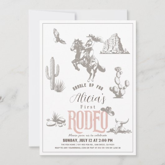 ファーストロデオ女性のカーボーイウエスタンピンク1st誕生日 招待状 (正面)