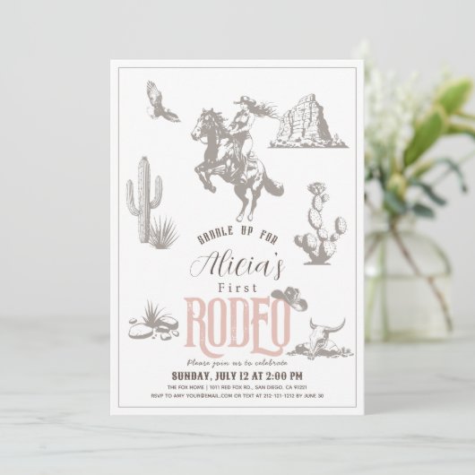 ファーストロデオ女性のカーボーイウエスタンピンク1st誕生日 招待状 (スタンド正面)