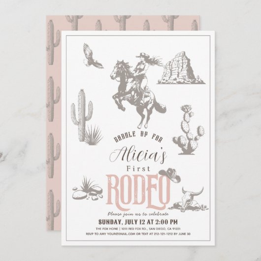 ファーストロデオ女性のカーボーイウエスタンピンク1st誕生日 招待状 (正面/裏面)