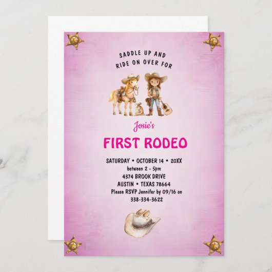 ファーストロデオ女性のカーボーイキッズ1st誕生日 招待状 (正面/裏面)