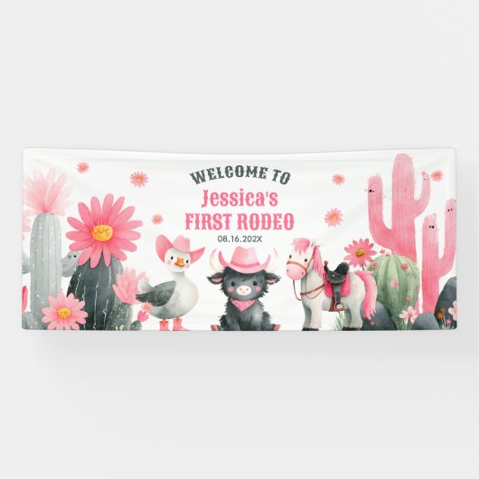 ファーストロデオ女性のカーボーイキュートウェスタン子供の誕生日 横断幕 (横)