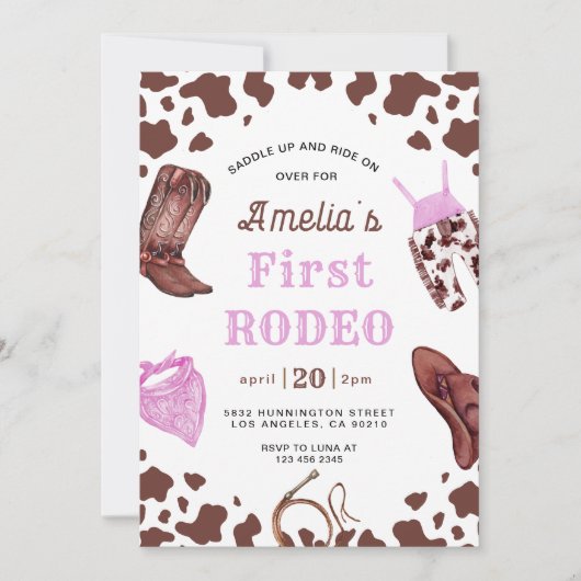 ファーストロデオ女性のカーボーイワイルドウェスタンファースト誕生日 招待状 (正面)