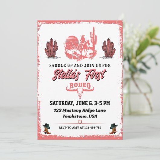 ファーストロデオ女性のカーボーイ誕生日パーティーの招待 招待状 (スタンド正面)