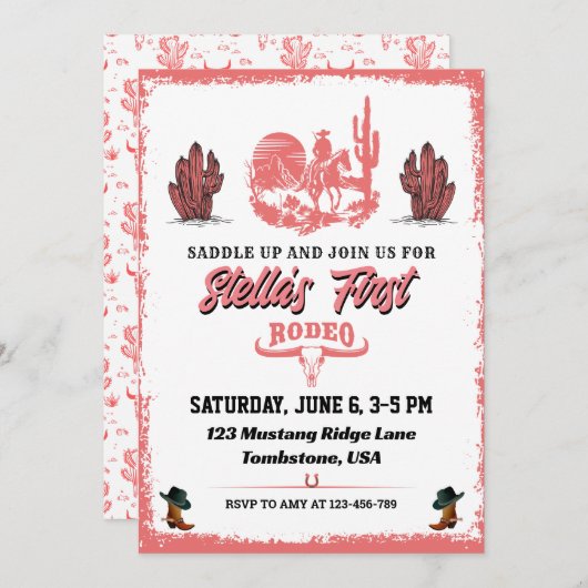 ファーストロデオ女性のカーボーイ誕生日パーティーの招待 招待状 (正面/裏面)