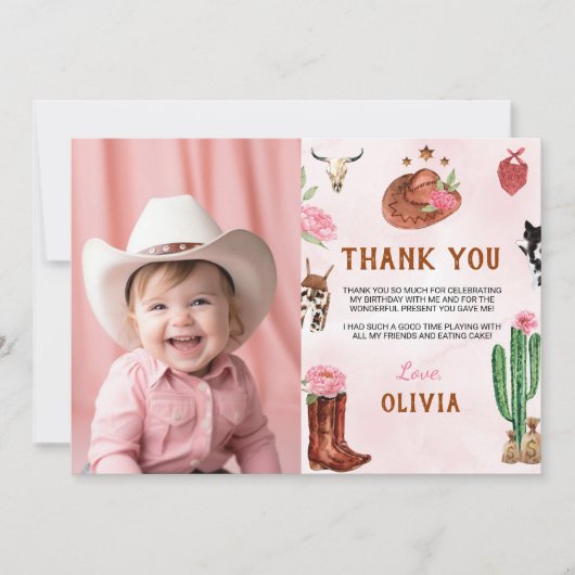 ファーストロデオ女性のカーボーイ誕生日写真サンキューカード サンキューカード (正面)