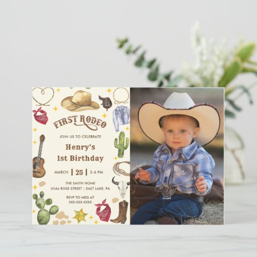 ファーストロデオ誕生日カウボーイ誕生日写真 招待状 (スタンド正面)