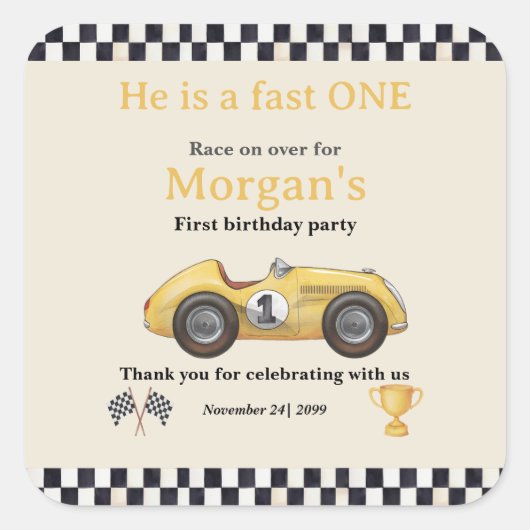 ファーストワンイエローレースカーキッズファースト誕生日パーティー スクエアシール (正面)