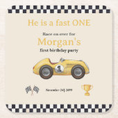 ファーストワンイエローレースカーキッズファースト誕生日パーティー スクエアペーパーコースター (正面)