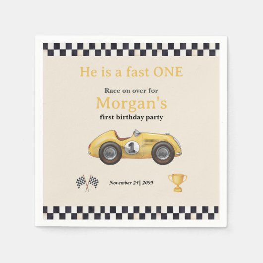 ファーストワンイエローレースカーキッズファースト誕生日パーティー スタンダードカクテルナプキン (正面)