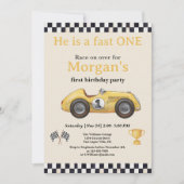 ファーストワンイエローレースカーキッズファースト誕生日パーティー 招待状 (正面)