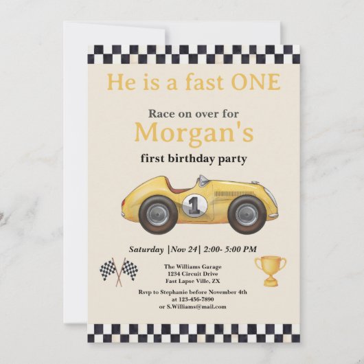 ファーストワンイエローレースカーキッズファースト誕生日パーティー 招待状 (正面)