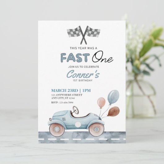 ファーストワンウォーターカラーカーアンドバルーンズファースト誕生日 招待状 (スタンド正面)