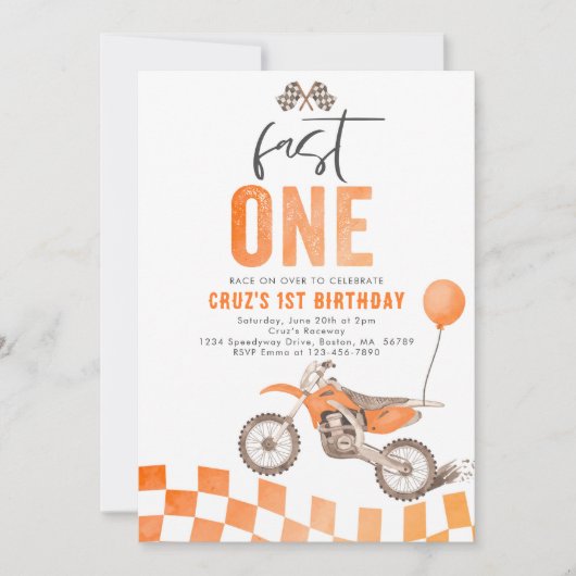 ファーストワンオレンジダートバイクボーイ1st誕生日パーティー 招待状 (正面)