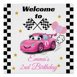 ファーストワンガール初誕生日招待状レースカー ポスター