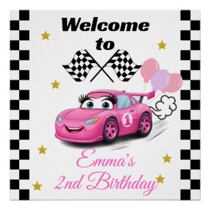 ファーストワンガール初誕生日招待状レースカー ポスター