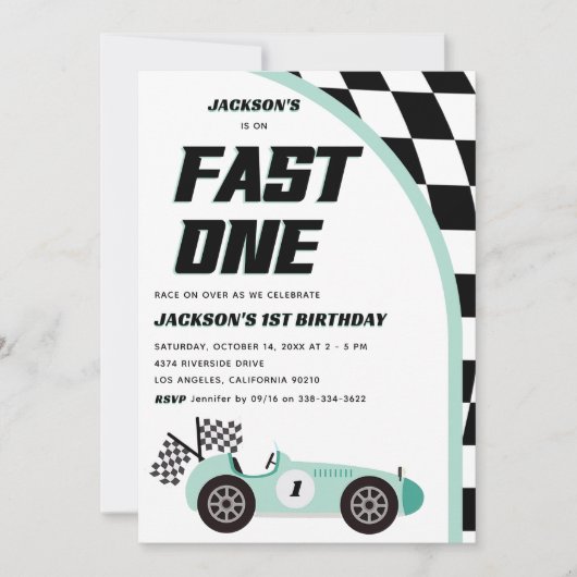 ファーストワングリーンレースカー誕生日パーティー 招待状 (正面)