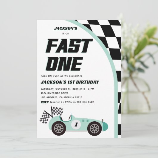 ファーストワングリーンレースカー誕生日パーティー 招待状 (スタンド正面)