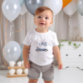 ファーストワンネイビーブルーレースカー誕生日Tシャツ ベビーTシャツ