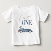ファーストワンネイビーブルーレースカー誕生日Tシャツ ベビーTシャツ (正面)