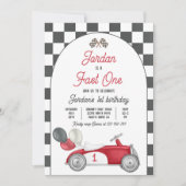 ファーストワンバースデーパーティー赤いレースカー1st誕生日 招待状 (正面)