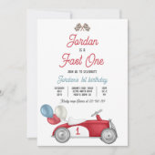 ファーストワンバースデーパーティー赤いレースカー1st誕生日 招待状 (正面)