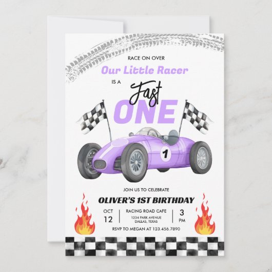 ファーストワンパープルレースカー1stバースデーレーシングガール 招待状 (正面)