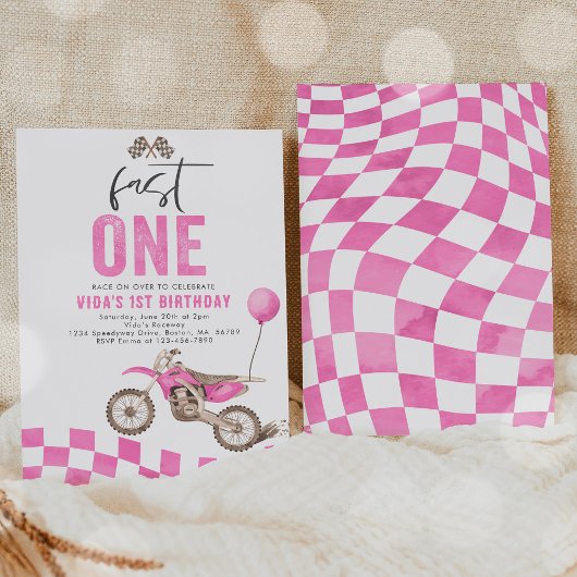 ファーストワンピンクダートバイクガール1st誕生日パーティー 招待状