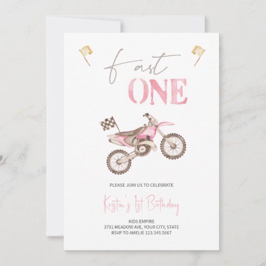 ファーストワンピンクダートバイク誕生日招待状 招待状 (正面)