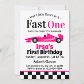 ファーストワンピンクレースカーガール1st誕生日パーティー 招待状 (正面)