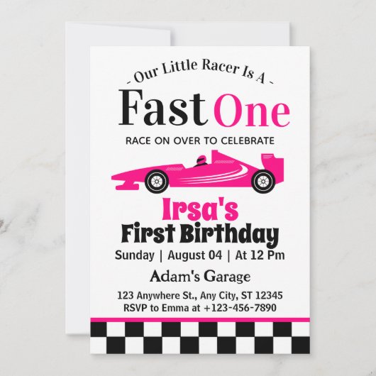 ファーストワンピンクレースカーガール1st誕生日パーティー 招待状 (正面)