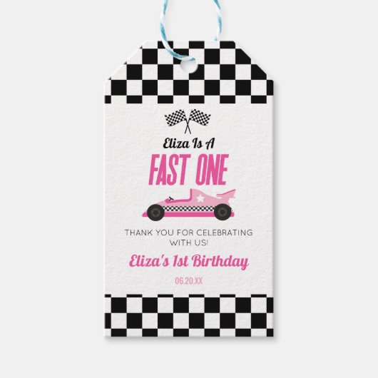 ファーストワンピンクレースカー第1誕生日パーティー ギフトタグ (正面)