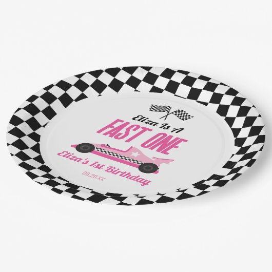 ファーストワンピンクレースカー第1誕生日パーティー ペーパープレート (アングル)