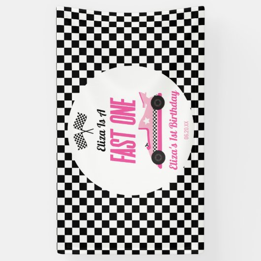 ファーストワンピンクレースカー第1誕生日パーティー 横断幕 (縦)