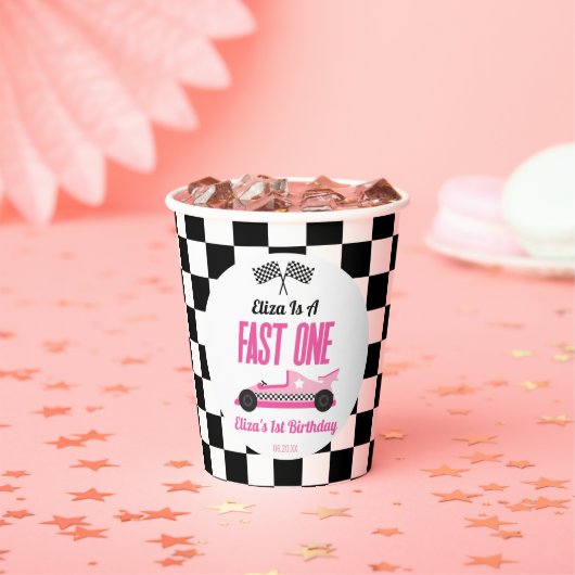 ファーストワンピンクレースカー第1誕生日パーティー 紙コップ (インサイチュ)