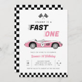 ファーストワンピンクヴィンテージレースカーガール1st誕生日 招待状 (正面/裏面)