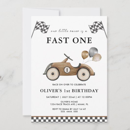 ファーストワンブラウンレースカーボーイズ1st誕生日 招待状 (正面)