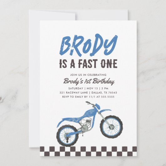 ファーストワンブルーダートバイクボーイ1歳の誕生日 招待状 (正面)